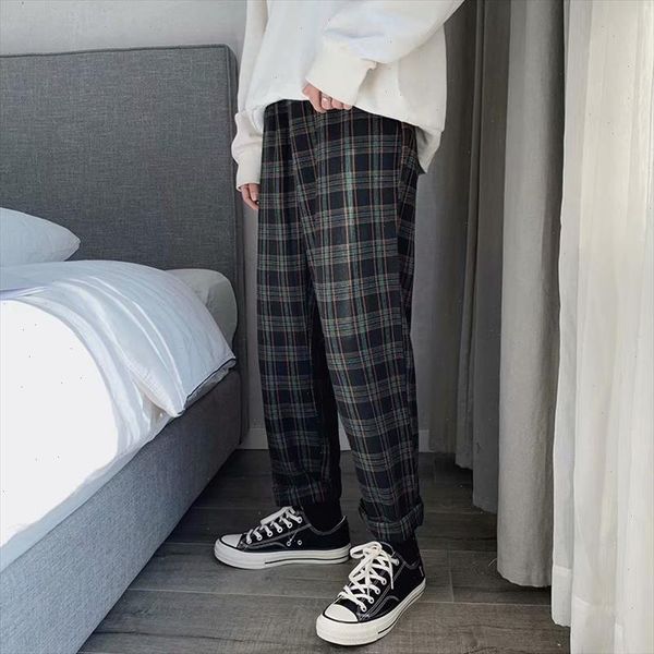 

spring plaid pants mens fashion retro drawstring casual pants men streetwear wild loose hip hop straight trousers mens s 3xl, Black