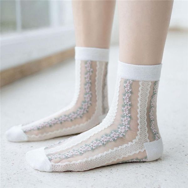

women socks fashion sheer glass silk socks ultra thin transparent crystal lace fabulous elastic ladies summer ankle sock1, Black;white