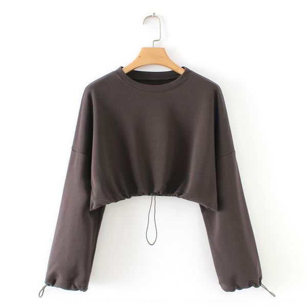 

spring new women's clothing fashion solid color loose drawstring round sweater neck navel waist-closing sweater w1938 q21b9, Black
