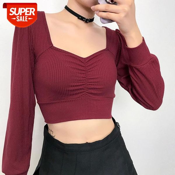 

normov fashion women vintage pleated square collar lantern long sleeve knit t shirt silm solid elegant female #rn7i, White