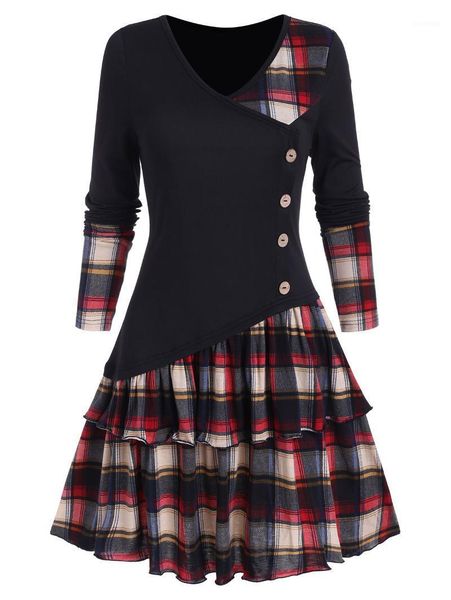

wipalo vintage goth mini dress plus size women plaid colorblock button asymmetric layered dress harajuku streetwear casual1, Black;gray