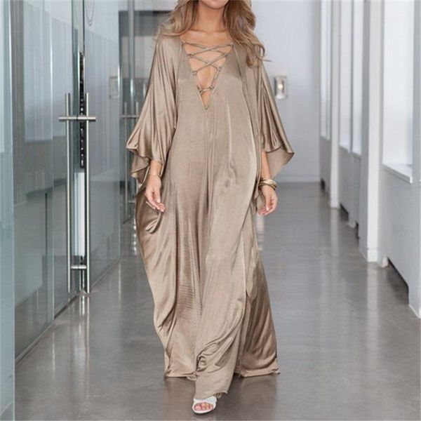

2021 champagne gold lace up plunging neck bats sleeve loose long summer beach dress satin women beachwear maxi dress n877, Black;gray