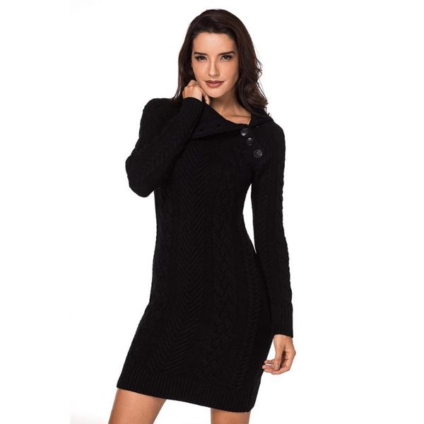 

knitted pullover asymmetrical button long-sleeved mid-length slim women's sweater dress, White;black