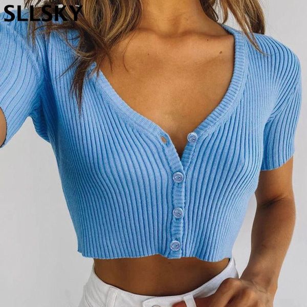 

women's t-shirt sllsky women knitting summer ladies short sleeve blue casual skinny button fashion clothing, White