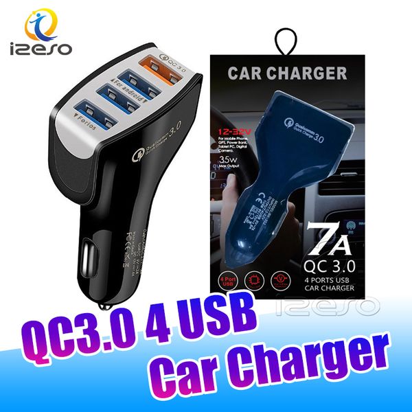 4 portas USB Carregador de carro 9V 2A Adaptador de carro de carro Carregando veículo portátil de alta velocidade portátil para Samsung S21 com pacote de varejo izeso