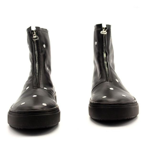

boots winter designer white polka dot embroidery runway ankle men zipper high toe punk thick platform male nature leather shoes1, Black