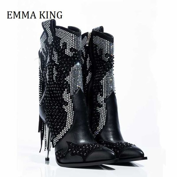 

boots autumn winter women ankle booties studded rhinestone decor iron stiletto heel pointed toe club fringed botas mujer, Black