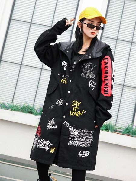 

new fashion 2020 fall casual graffiti print classic long trench coat koraen chic female windbreaker hooded black lt705s301, Tan;black