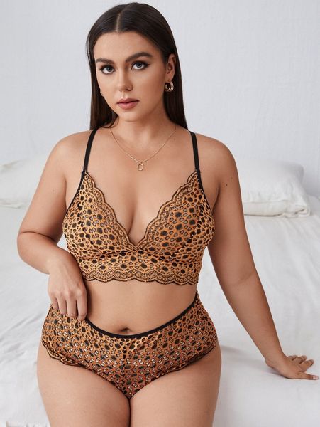 

plus lace scallop trim lingerie set m6cu#, Black;white