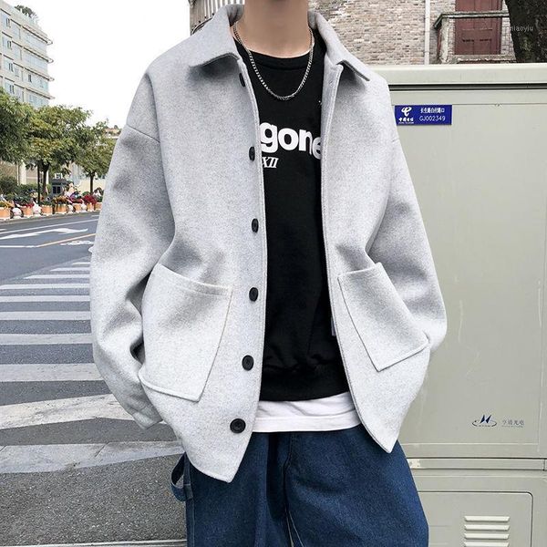 

2021 spring and winter new youth popular men's thick short woolen coat fashionable casual solid color warm patch pocket, Black