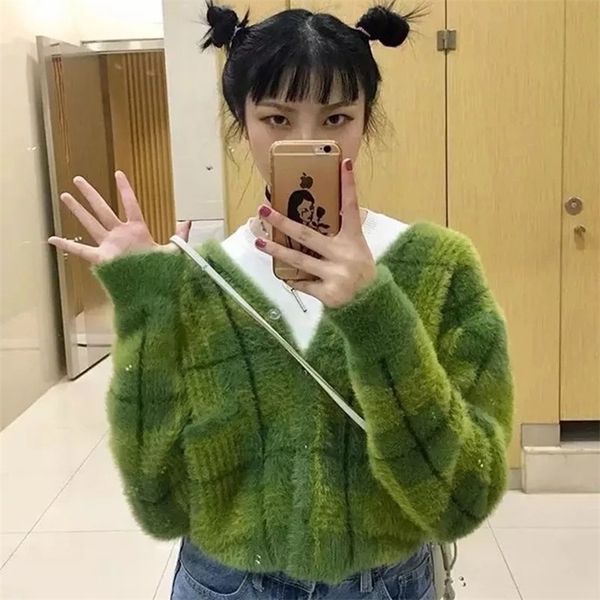 

harajuku fuzzy green plaid cardigan with front button women cropped cardigan sweater / 201111, White;black