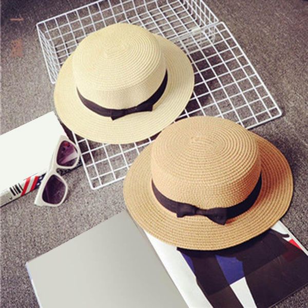 

straw sunhat women summer beach wide brim bow sunscreen outdoor travel hat cap b2cshop, Black;white
