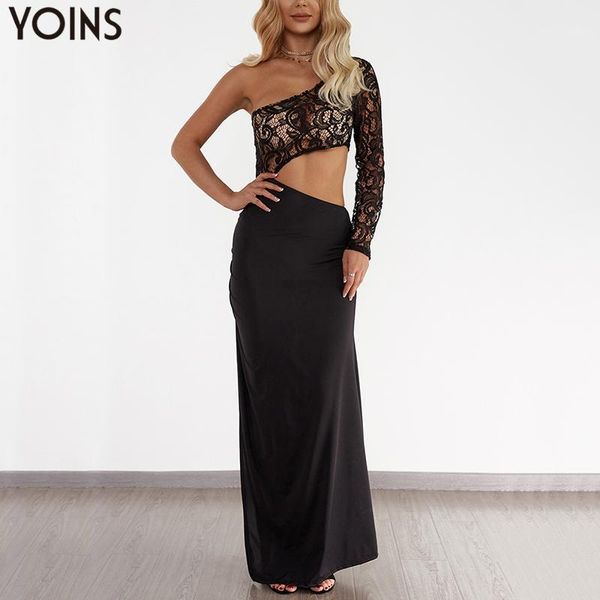 

long evening party dress women one shoulder slim lace stitching cutout waist asymmetrical hem high slit club dress vestidos1, Black;gray