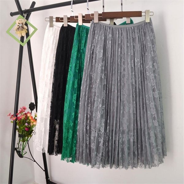 

white lace pleated skirt female casual elastic long high waist mesh a-line woman skirts office ladies elegant streetwear q3386 y1214, Black