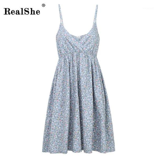 

realshe ladies summer dress v-neck sleeveless spaghetti strap cotton casual empire mini floral boho dress women 20191, Black;gray