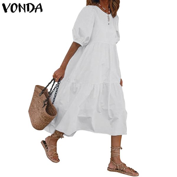 

vonda summer maxi long dress plus size solid color lantern sleeve dresses casual party sundress loose beach vestidos femme robe t200319, White;black