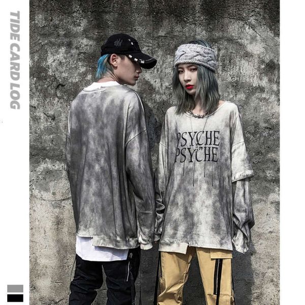 

spray painted old irregular round neck long sleeve t-shirt high street dark department loose backing thin trendy brand men's and women&, Black