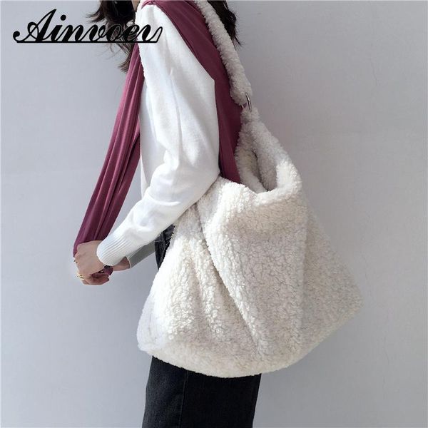 

ainvoev winter lambswool women handbags white shoulder faux fur large tote female messenger bag bucket bag