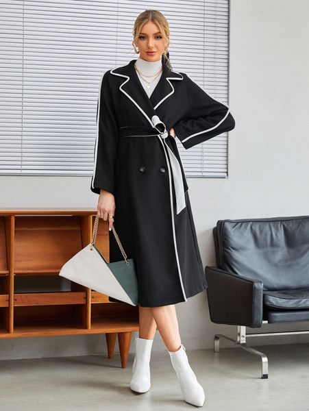 

lapel neck contrast binding belted overcoat 73lz#, Black