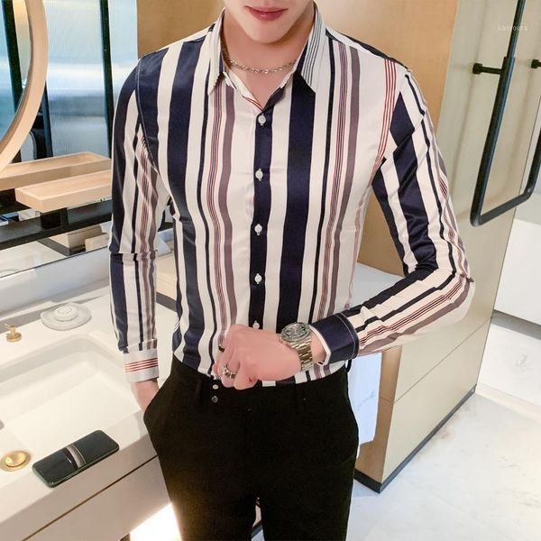 

2020 men's striped shirt long sleeve business drsss shirts casual slim fit streetwear social blouse clothing camisas para hombre1, White;black