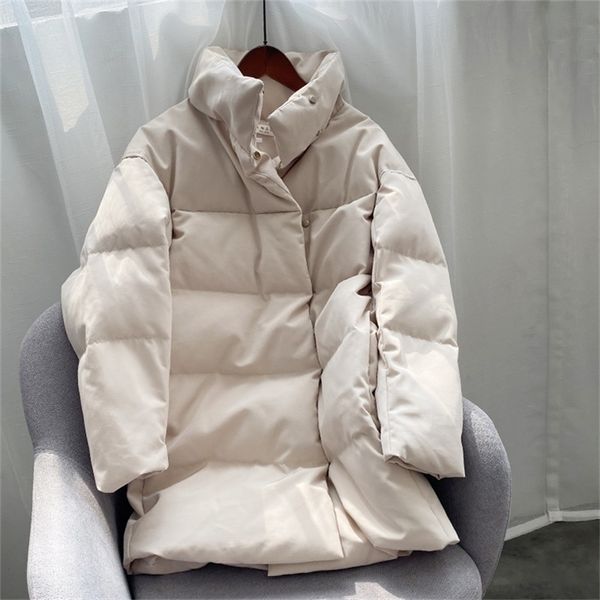 

fashion ladies solid medium long warm winter down jacket women causal covered button stand collar oversize chic down coat parka 201209, Black
