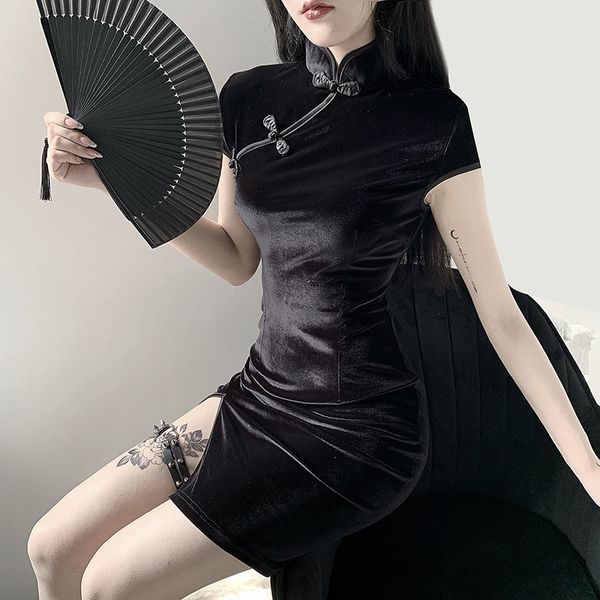 

goth dark women dress cheongsam chinese style skinny mini dress streetwear vintage harajuku summer women clothing slim 2020 y0118, Black;gray