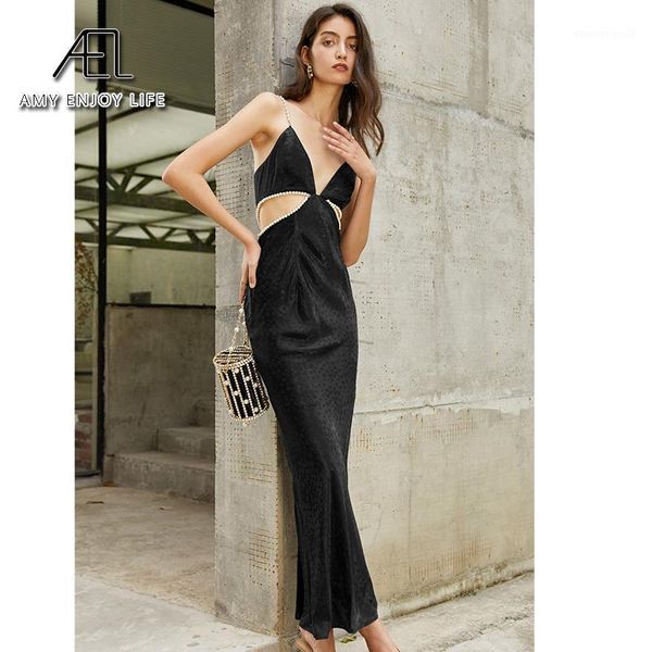 

casual dresses ael pearl halter dress satin hollow out ladies party black elegant slim woman clothing 2021 1, Black;gray