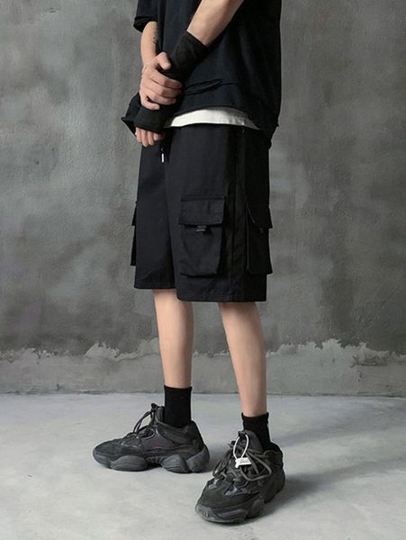 

men flap pocket drawstring waist shorts g8go#, Black