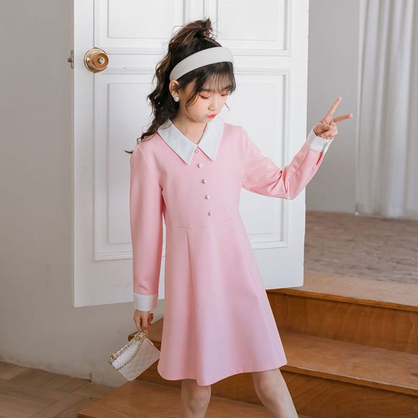 

girls' long sve drs korean 2021 spring new product solid color lapel cute fashion children's skirt, Red;yellow