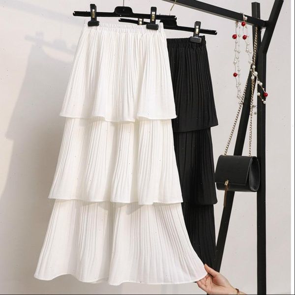 

ewq] 2021 spring new sweet long soft layer skirt elastic waist princess ladies skirts chic lotus irregular leaf long skirts qv2, Black