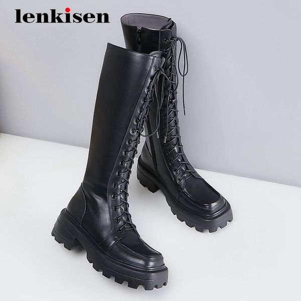 

lenkisen equestrian boots natural leather cross-tied square toe thick high heel zipper handmade beauty lady knee-high boots l6f3, Black