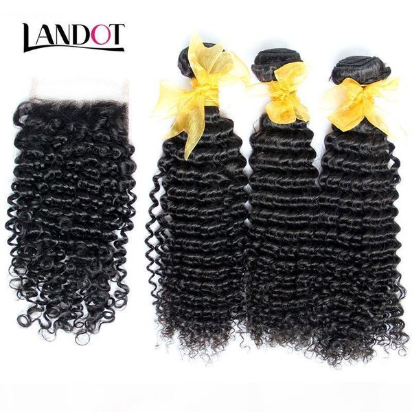 

malaysian curly virgin hair weaves with closure 4pcs lot unprocessed malaysian deep kinky curly human hair bundles and lace closure 4x4 size, Black