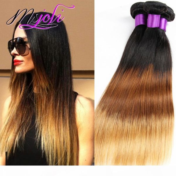 

peruvian virgin hair 9a ombre color three tones straight human unprocessed hair extension weft three pcs t1b-4-27, Black