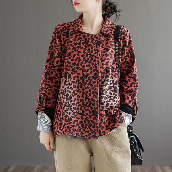 

fairy natural women leopard print casual jackets 2020 spring autumn plus size ladies loose coat turn-down collar, Black;brown