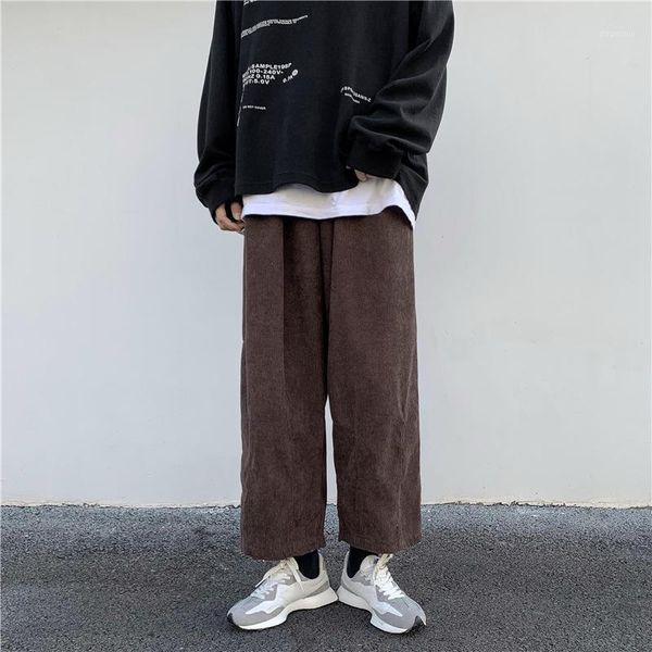 

corduroy elastic drawstring waist casual pants men loose straight solid color ankle-length vintage trousers spring autumn1, Black