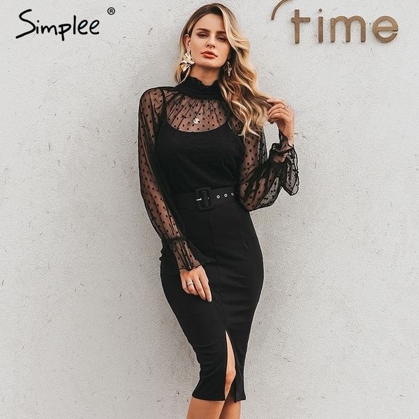 

simplee striped lace women dress black polka dots belt sheath party dress puff sleeve autumn winter office ladies dress 201027, Black;gray