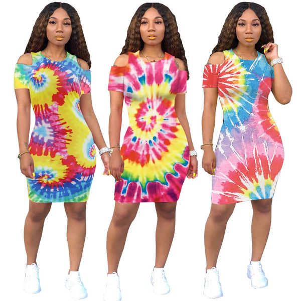 

women summer tie dye black hole print cut out shoulder o-neck bodycon midi mini dress office lady dresses 3 color gla6206 y200101, White;black