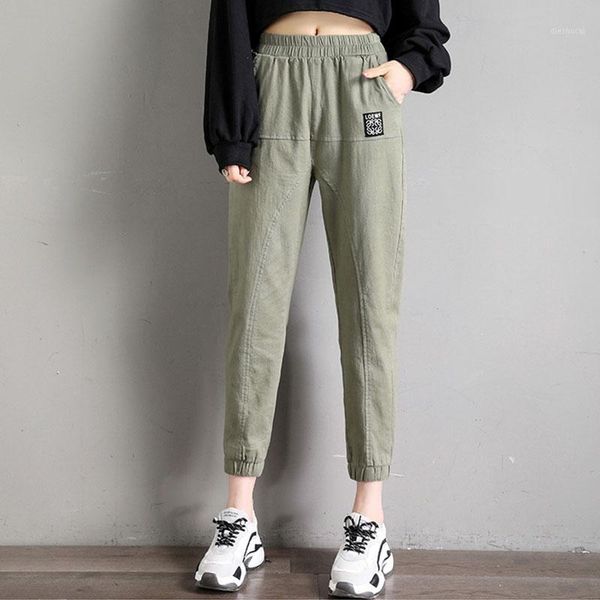 

women cotton patch leisure harem pants ankle length preppy style 2020 elastic waist bound feet loose pencil trousers female1, Black;white
