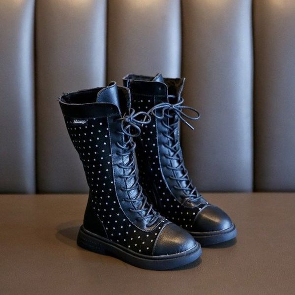 

fashion high autumn little and winter girls' new leather boots, princess plush cotton martin boots, Black;grey