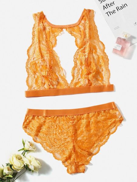 

plus floral lace scallop trim lingerie set l5vk#, Black;white