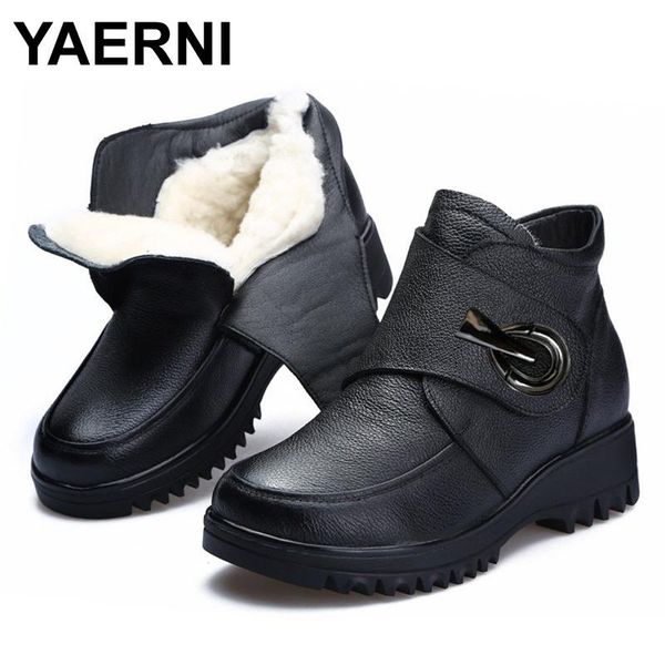 

yaerni genuine cow leather natural thick wool fur women winter snow boots wedge platform ankle boots for women warm shoes c160, Black