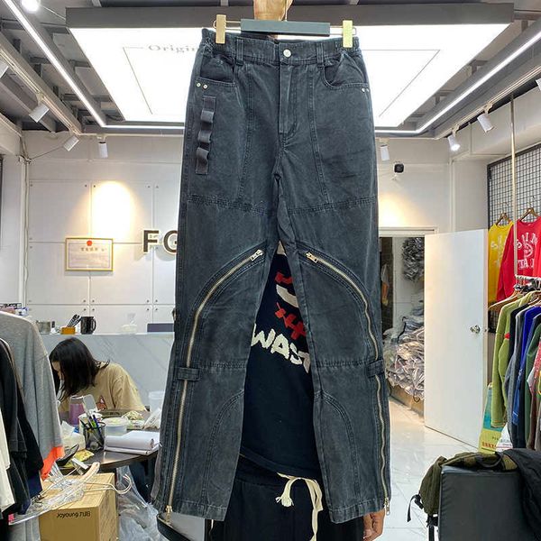 

men's jeans high street far xiaozhongchao brand washing water used zipper straight tube men's leisure strap personalized trousers, Blue