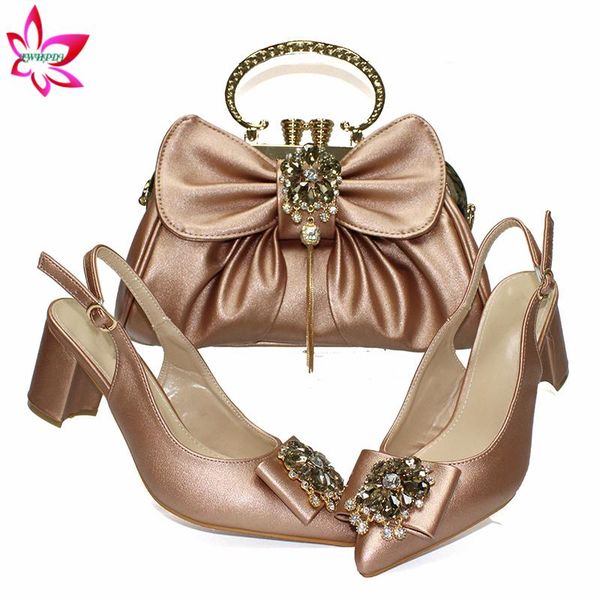 

african design in champagne color with shinning crystal italian women shoes and bag to match for wedding party, Black