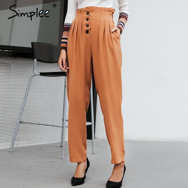 

simplee ruffled elastic high waist button women pants casual solid streetwear female trousers office ladies blazer botttom pants1, Black;white