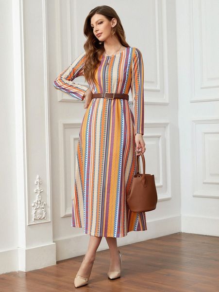 

block stripe & geo print dress without belt p8m8#, Black;gray
