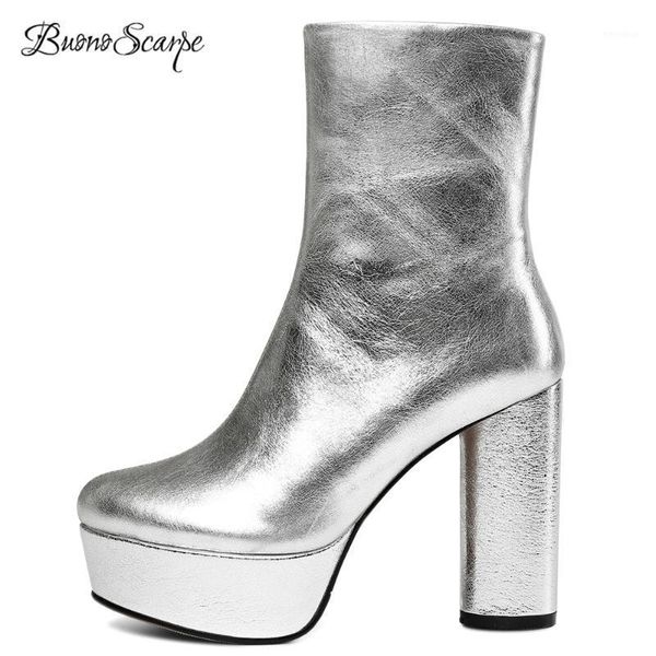 

buonoscarpe 2020 women platform high heel boots genuine leather zipper ankle boots brand design silver black big size shoes boot1