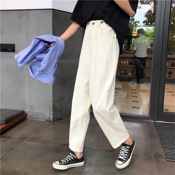 

cotton beige white woman's jeans elastic high waist harem jeans spring plus size black denim pants women wide leg jeans, Blue