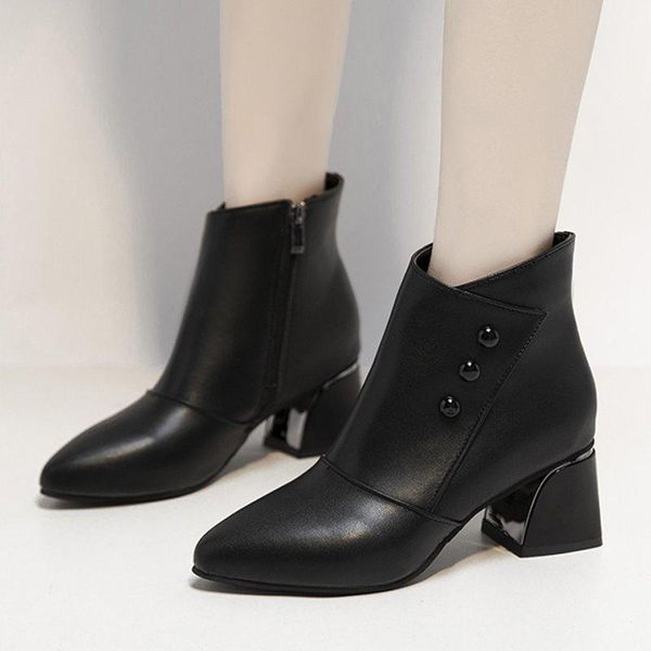 

rimocy fashion rivet square heels ankle boots for women elegant pointed toe ladies office shoes black waterproof leather booties