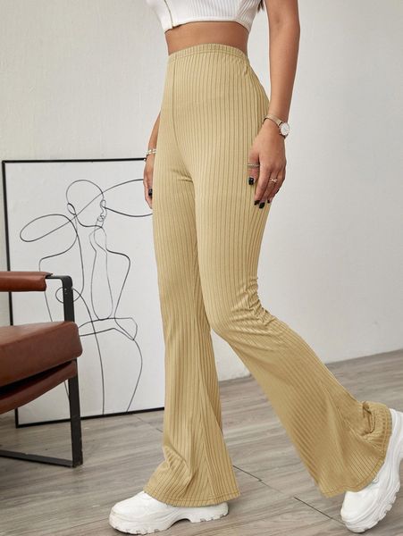 

solid ribbed flared leg pants a7eo#, Black;white