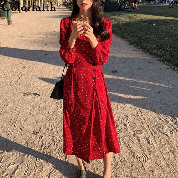 

colorfaith new spring summer women dresses chiffon v-neck floral dots buttons lace up bow elegant casual dress long dr5029 t200619, White;black